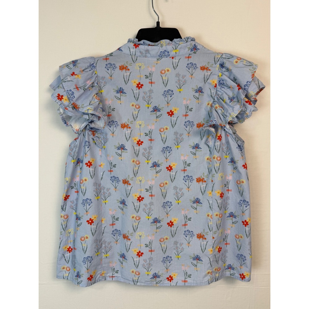 Entro Floral Flutter Sleeve Blouse Women Medium Blue Pintuck Pleated Cotton Top - Picture 3 of 8